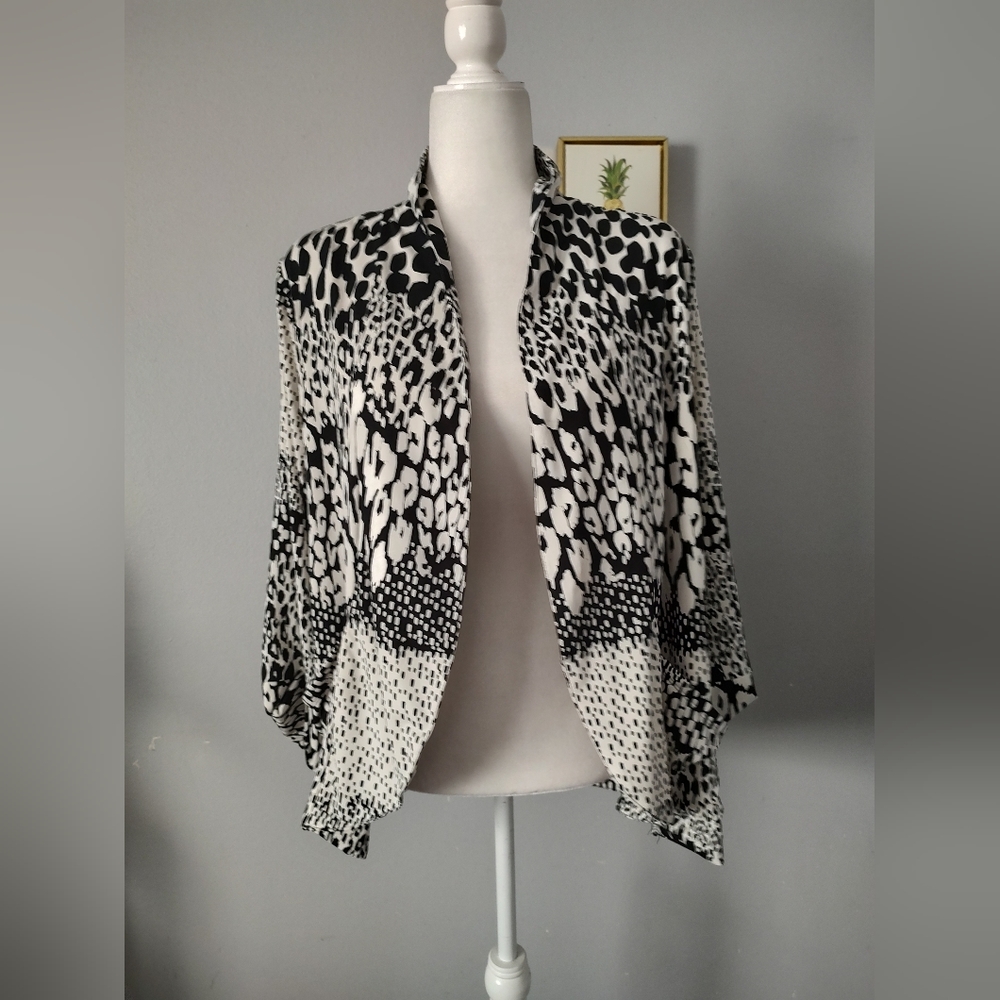 Robert Louis Cardigan Womens Black White Abstract Slinky Travel Knit Size PXL